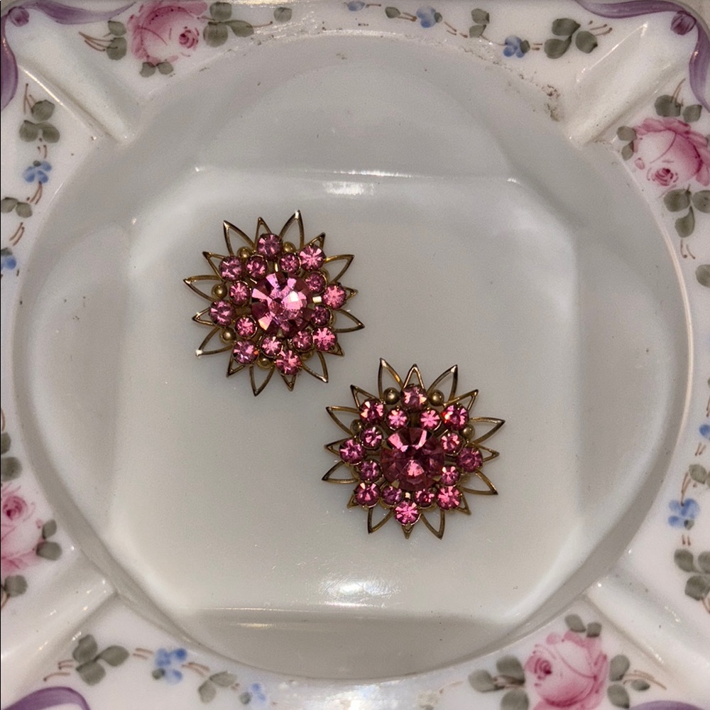 Vintage Pink Floral Gold Earrings